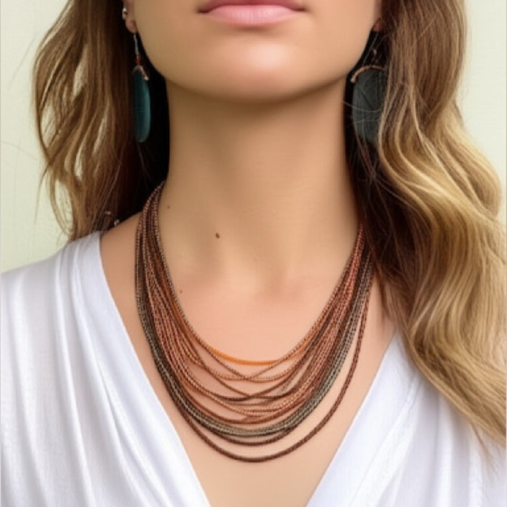 Earth Tone Multi Layer Glass‎ Seed Beaded Artistic Bohemian Statement Necklace